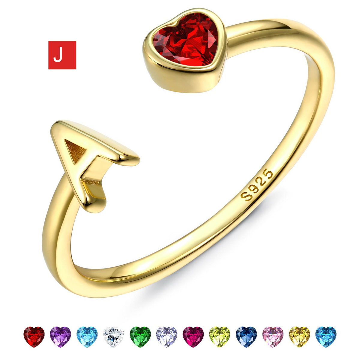 Adjustable Letter Birthstone Ring Gold Plated Jewelry