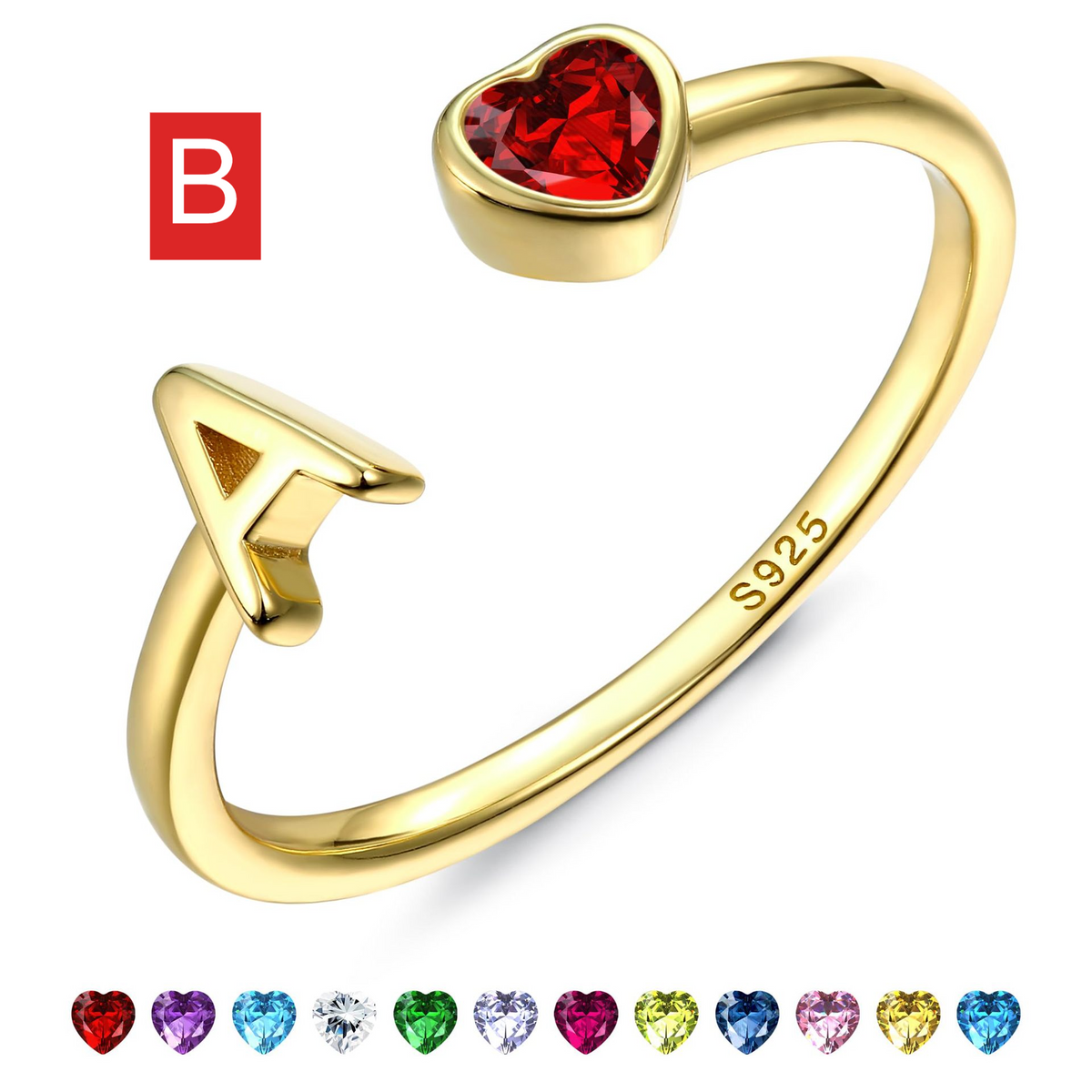 Adjustable Letter Birthstone Ring Gold Plated Jewelry