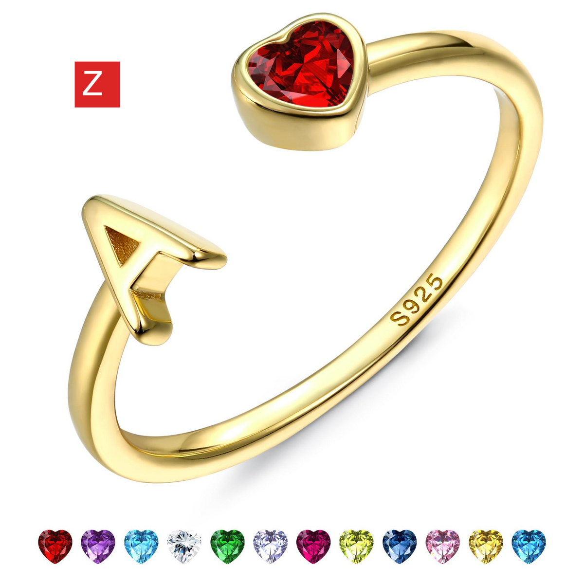 Adjustable Letter Birthstone Ring Gold Plated Jewelry