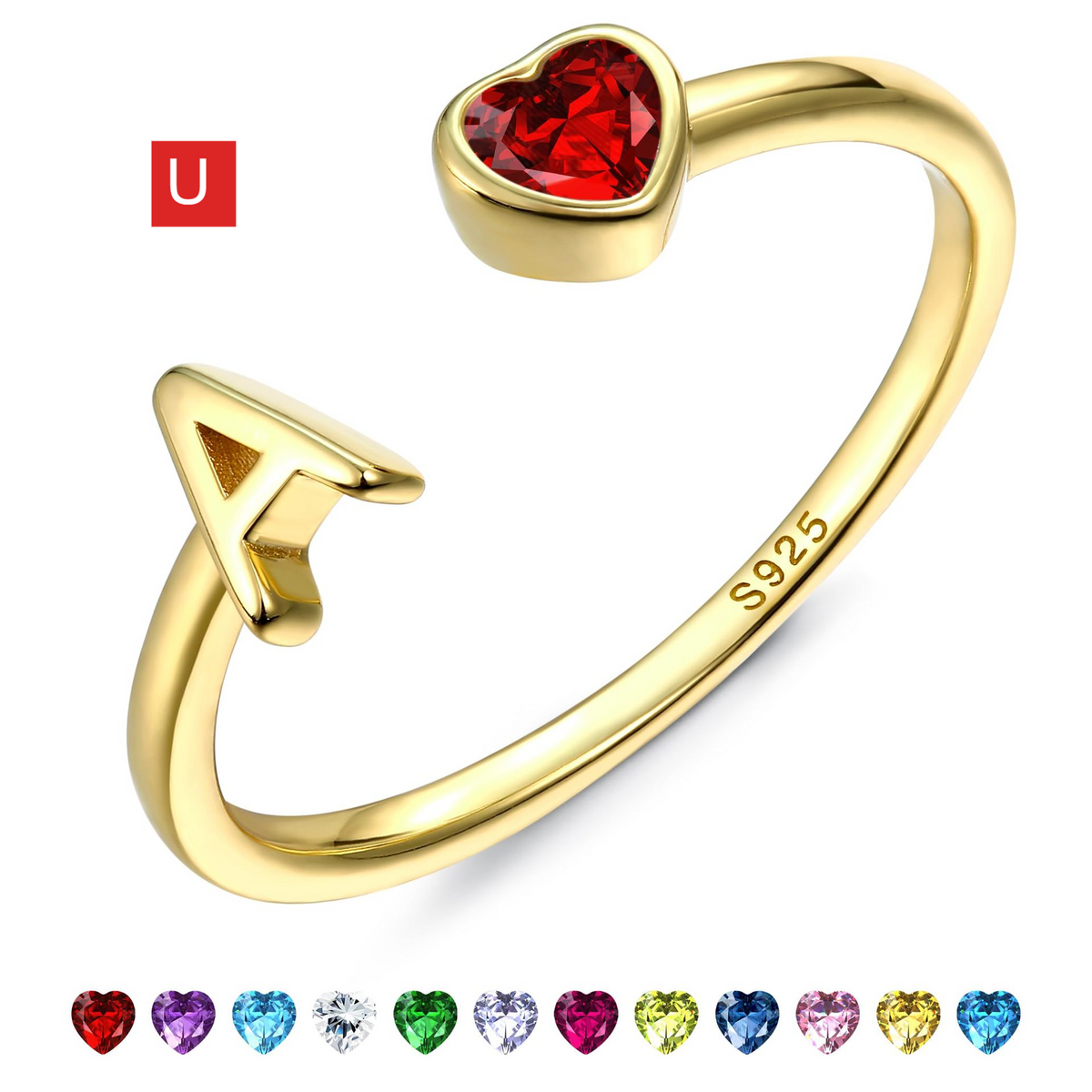 Adjustable Letter Birthstone Ring Gold Plated Jewelry