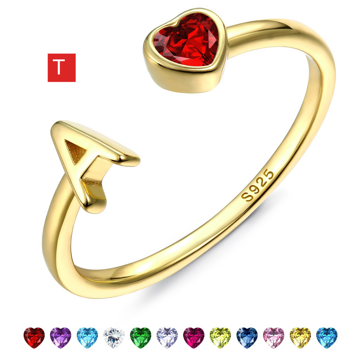 Adjustable Letter Birthstone Ring Gold Plated Jewelry