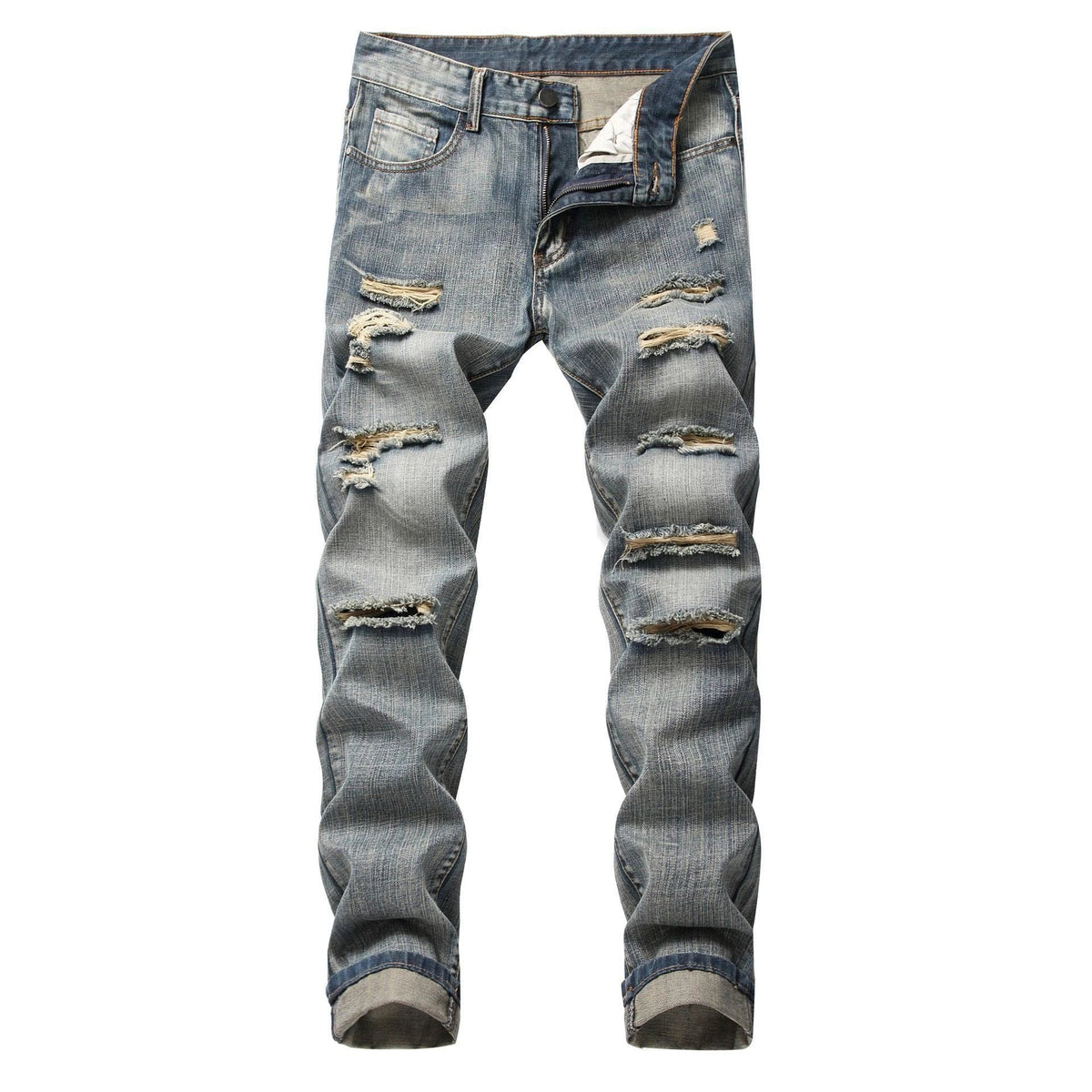 Men's Ripped Straight Slim Fit Non-stretch Jeans