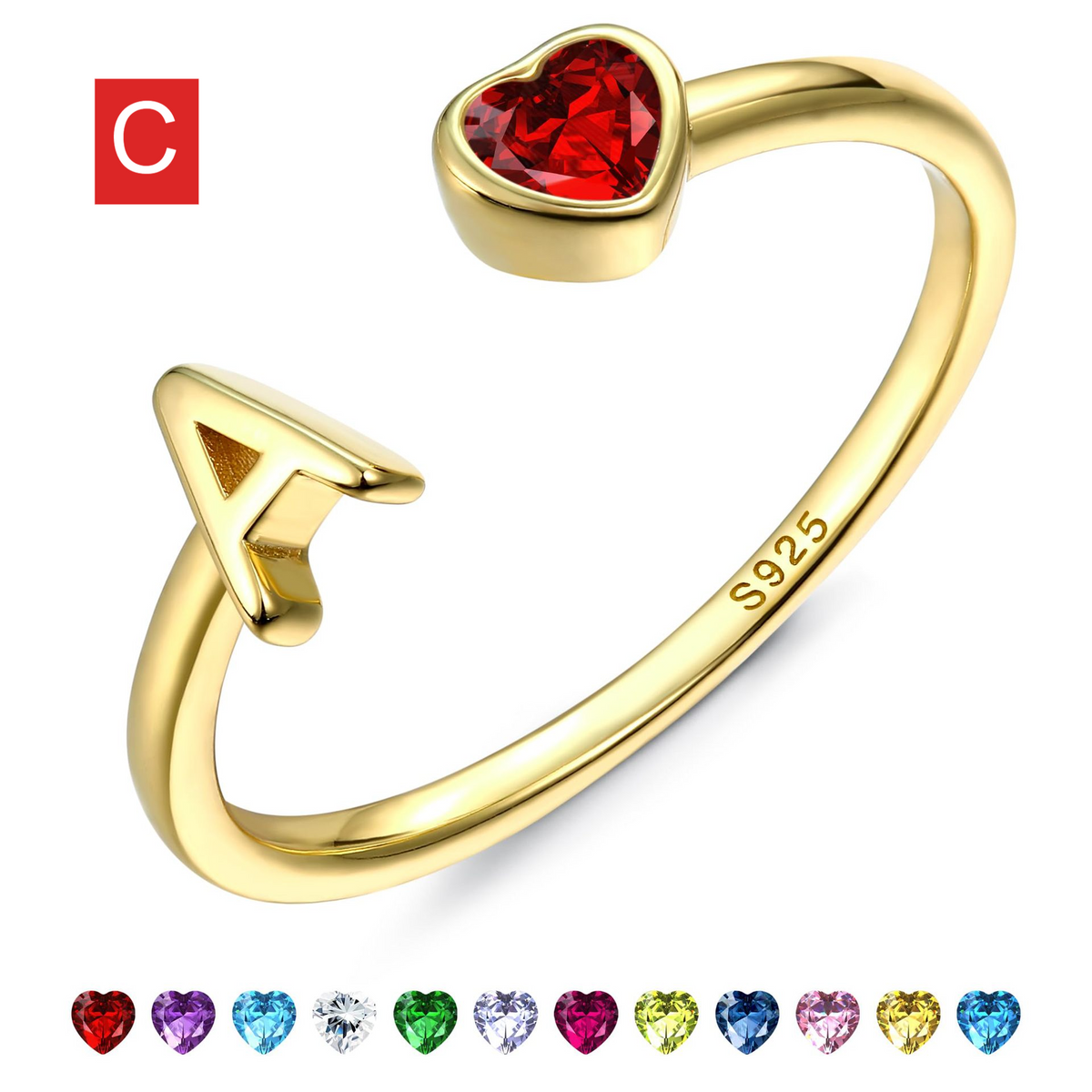 Adjustable Letter Birthstone Ring Gold Plated Jewelry