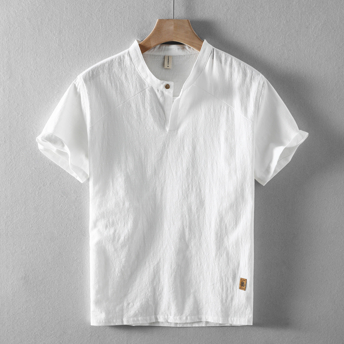 Men's Short-Sleeve Linen Stand Collar Shirt