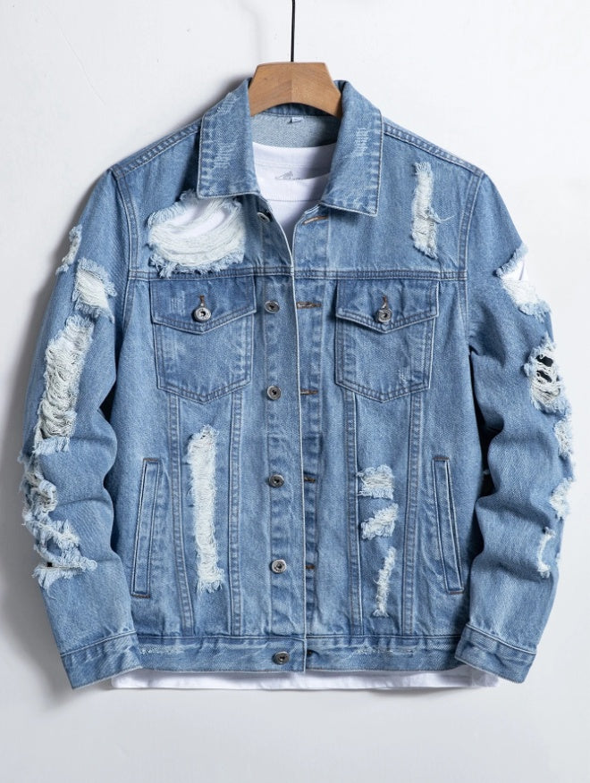 Men's Ripped Distressed Denim Blue Jean Jacket