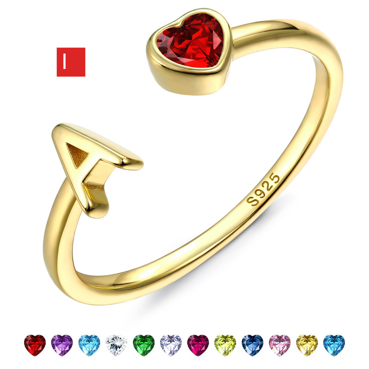 Adjustable Letter Birthstone Ring Gold Plated Jewelry