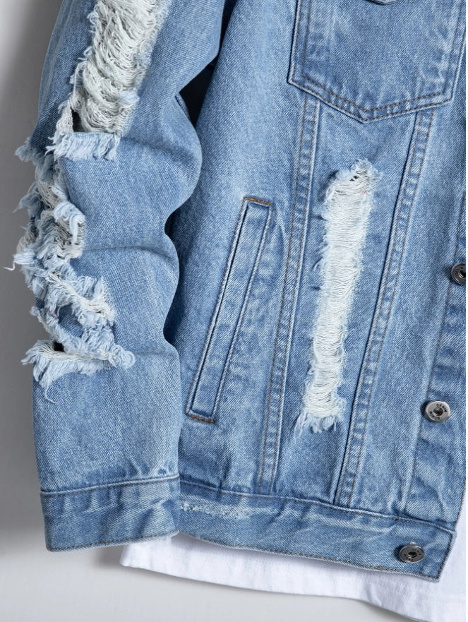 Men's Ripped Distressed Denim Blue Jean Jacket