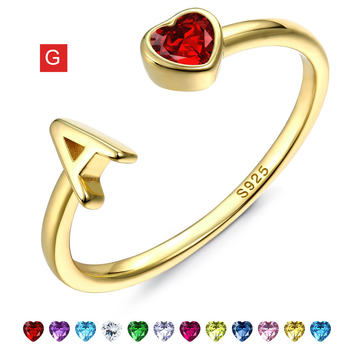 Adjustable Letter Birthstone Ring Gold Plated Jewelry