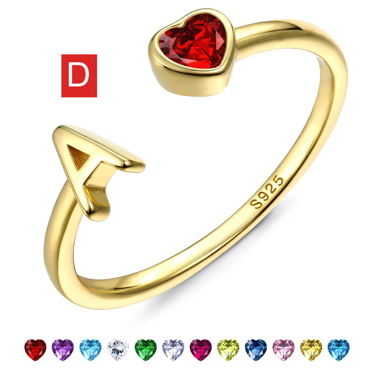 Adjustable Letter Birthstone Ring Gold Plated Jewelry