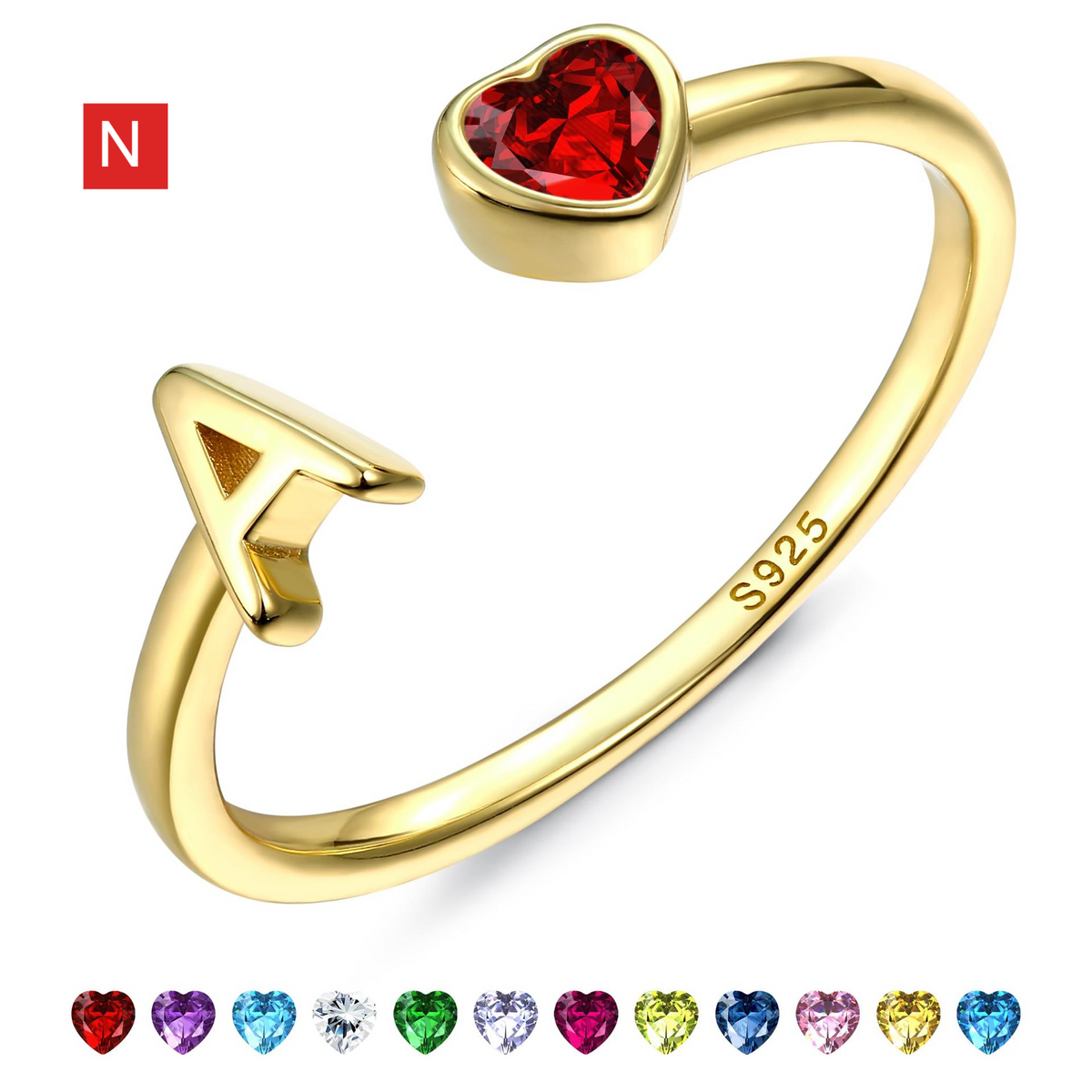 Adjustable Letter Birthstone Ring Gold Plated Jewelry