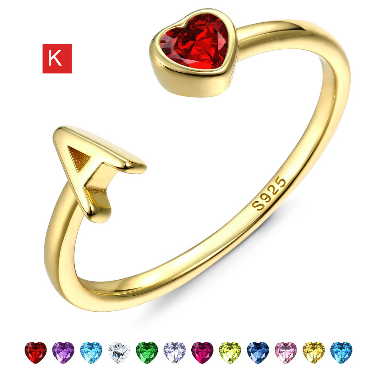 Adjustable Letter Birthstone Ring Gold Plated Jewelry
