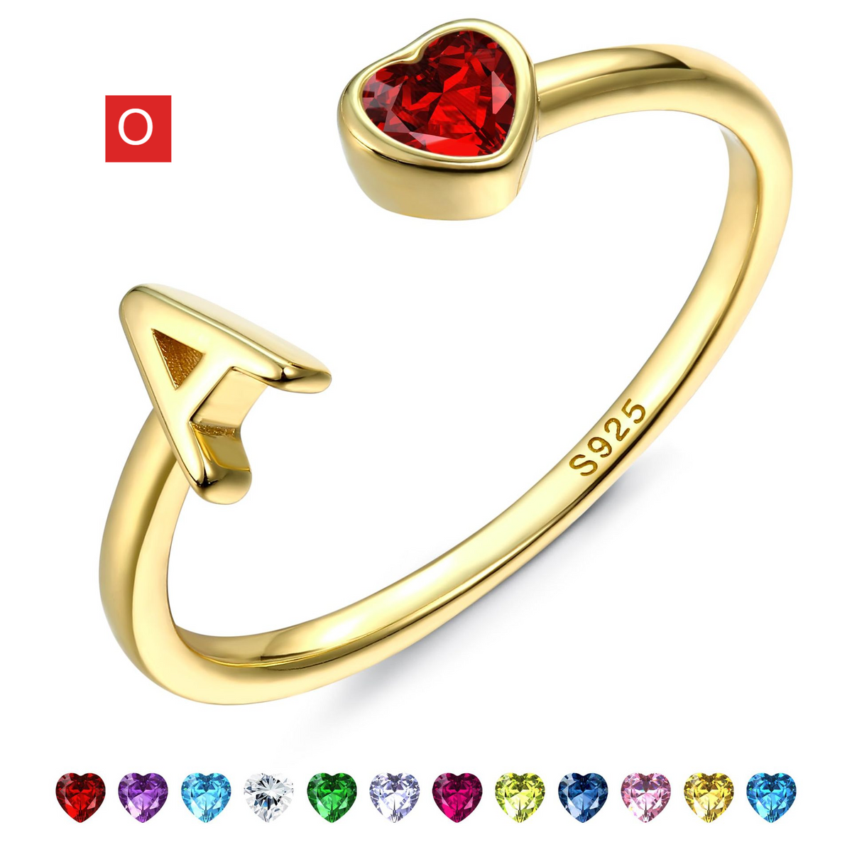 Adjustable Letter Birthstone Ring Gold Plated Jewelry
