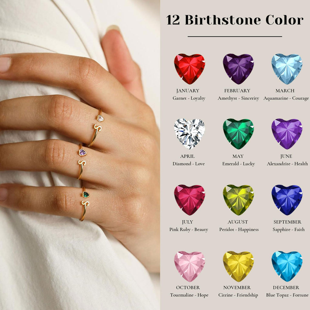 Adjustable Letter Birthstone Ring Gold Plated Jewelry