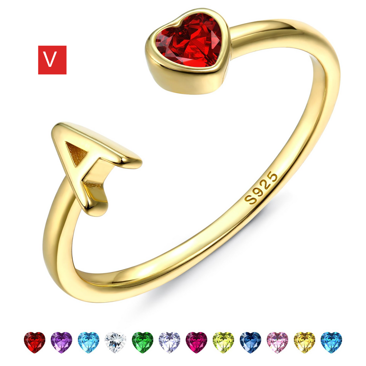 Adjustable Letter Birthstone Ring Gold Plated Jewelry