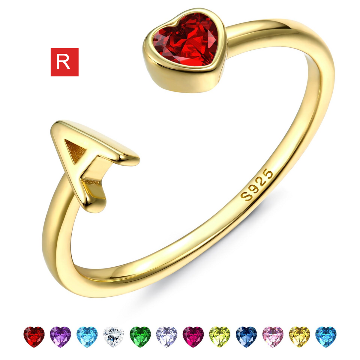 Adjustable Letter Birthstone Ring Gold Plated Jewelry