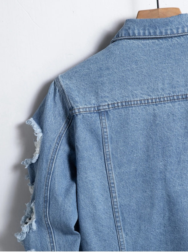Men's Ripped Distressed Denim Blue Jean Jacket