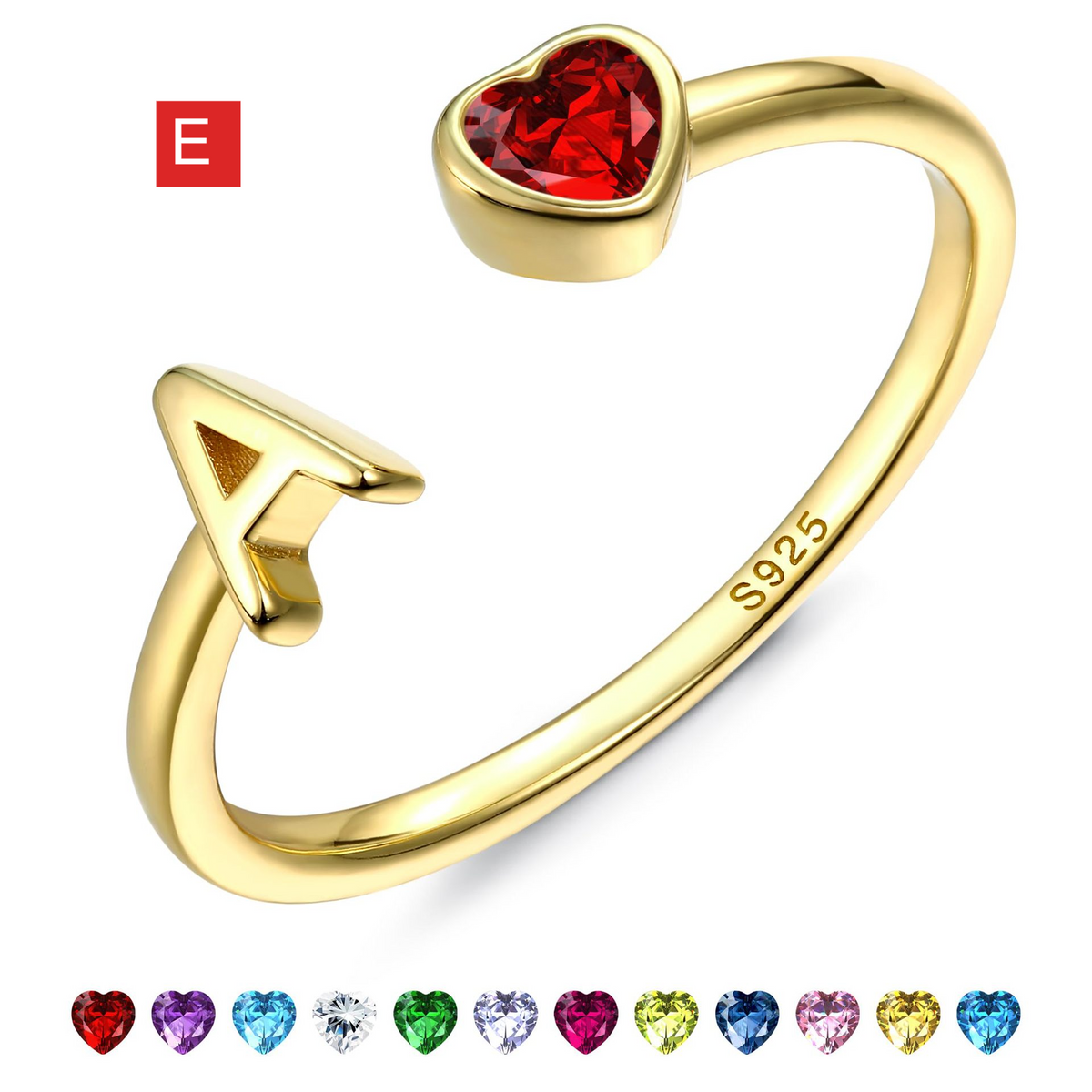 Adjustable Letter Birthstone Ring Gold Plated Jewelry