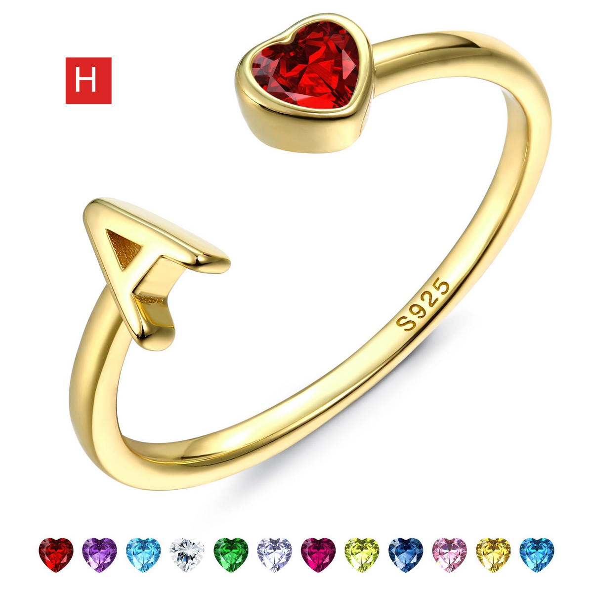 Adjustable Letter Birthstone Ring Gold Plated Jewelry
