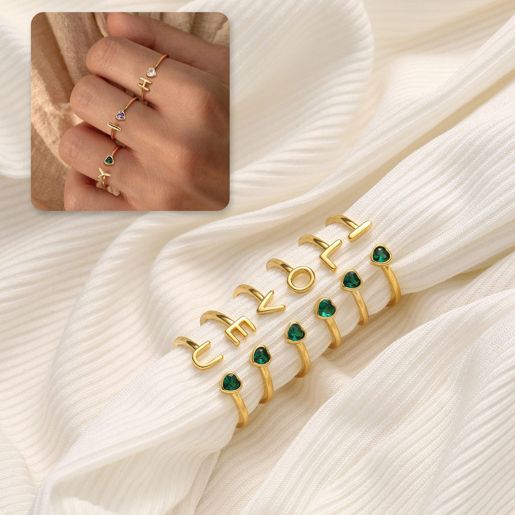 Adjustable Letter Birthstone Ring Gold Plated Jewelry