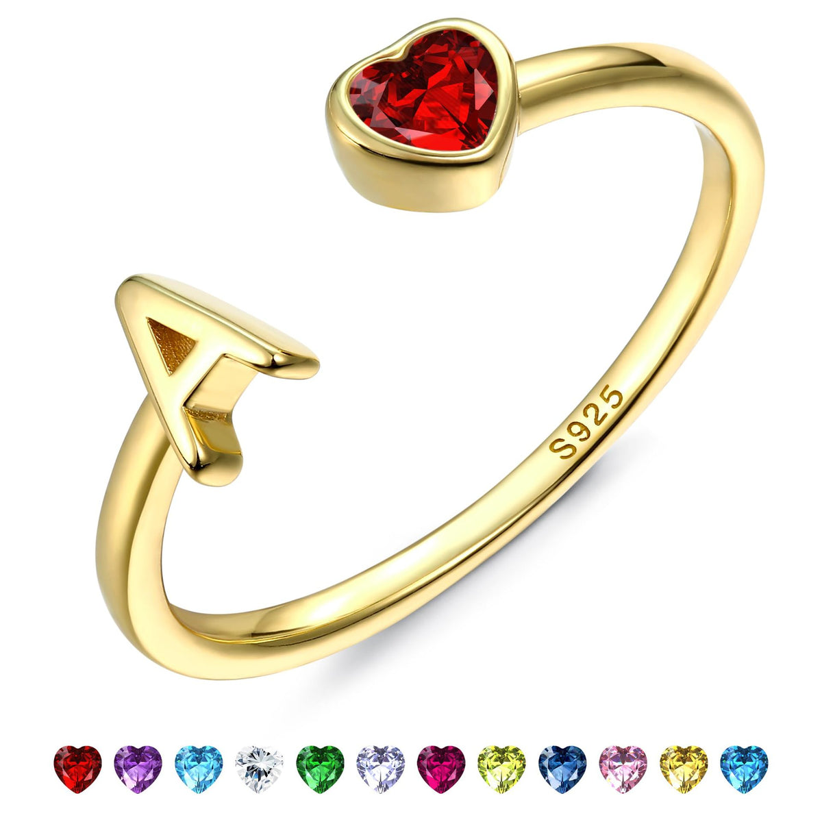 Adjustable Letter Birthstone Ring Gold Plated Jewelry