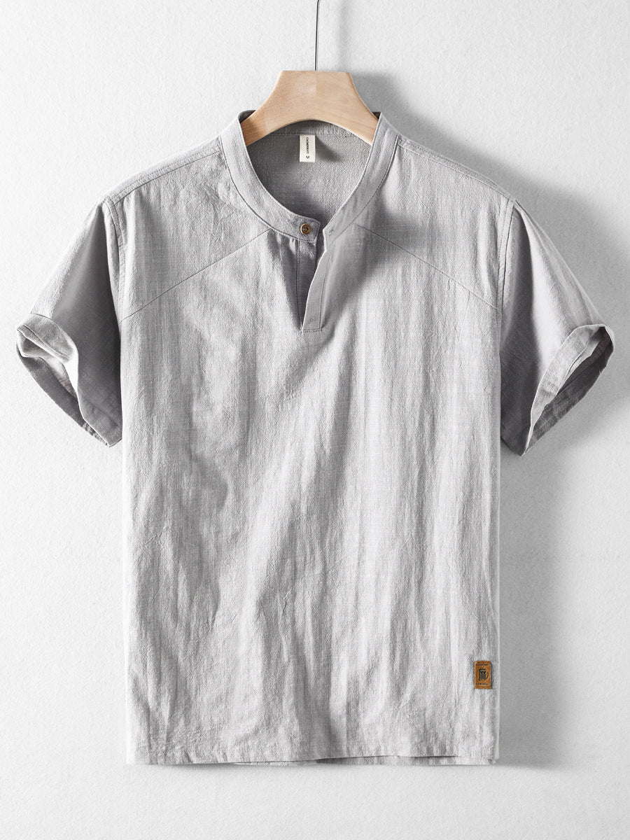Men's Short-Sleeve Linen Stand Collar Shirt