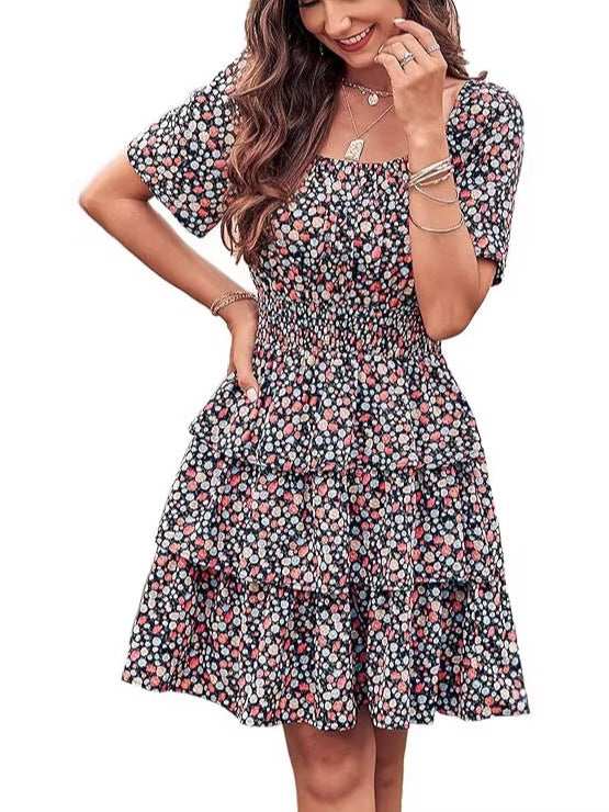 Floral Print Square Neck A-Line Dress