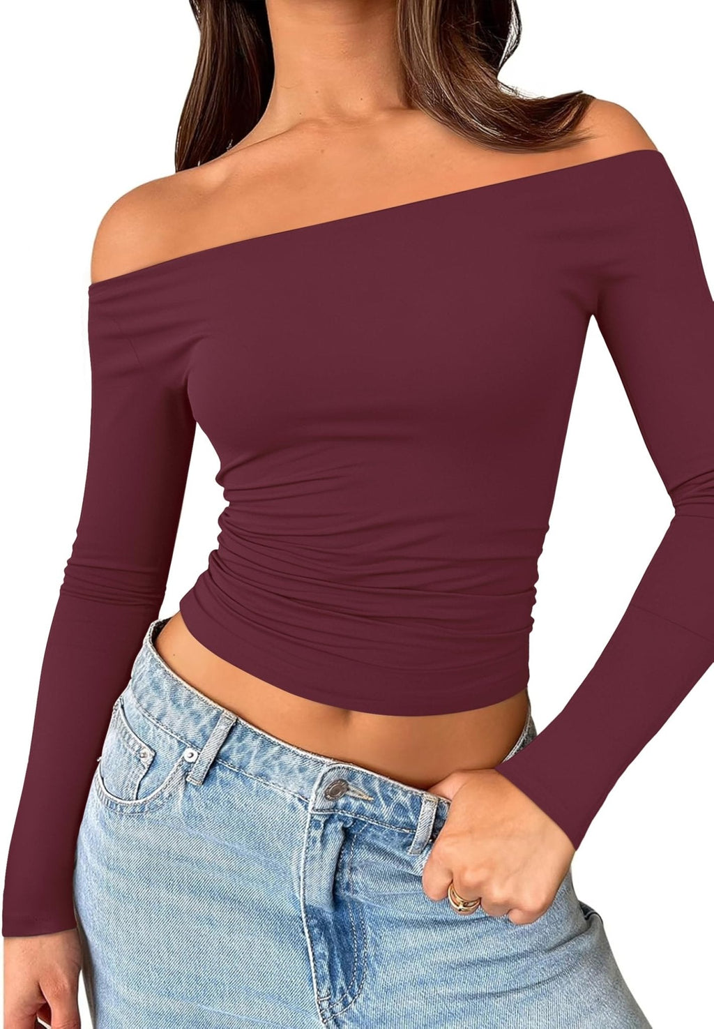Womens Off The Shoulder Tops Long Sleeve Going Out Basic Shirts Cute Y2K Fall Trendy Fashion 2025